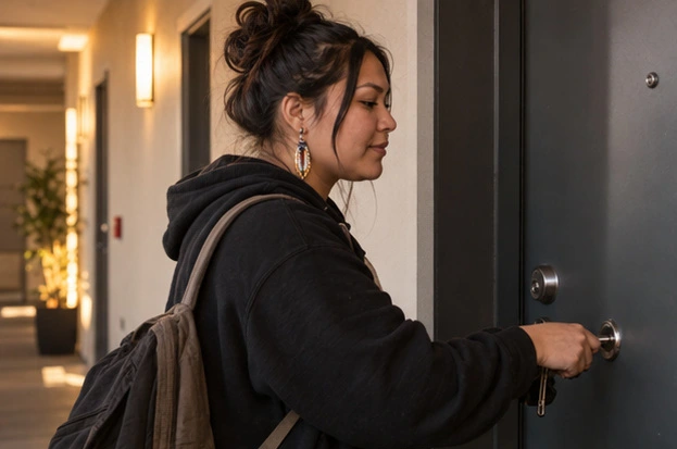 Illustrative scene: young adult at the door of a home