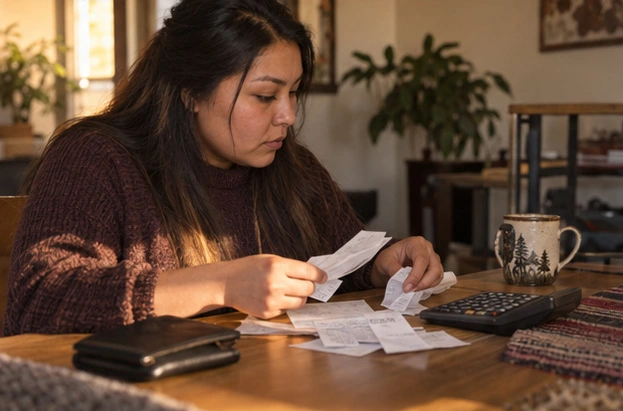 Illustrative scene: young adult working through paperwork