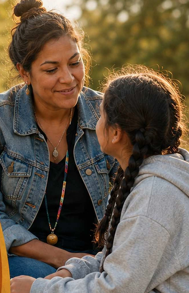 Brochure illustration of a child and caregiver in conversation