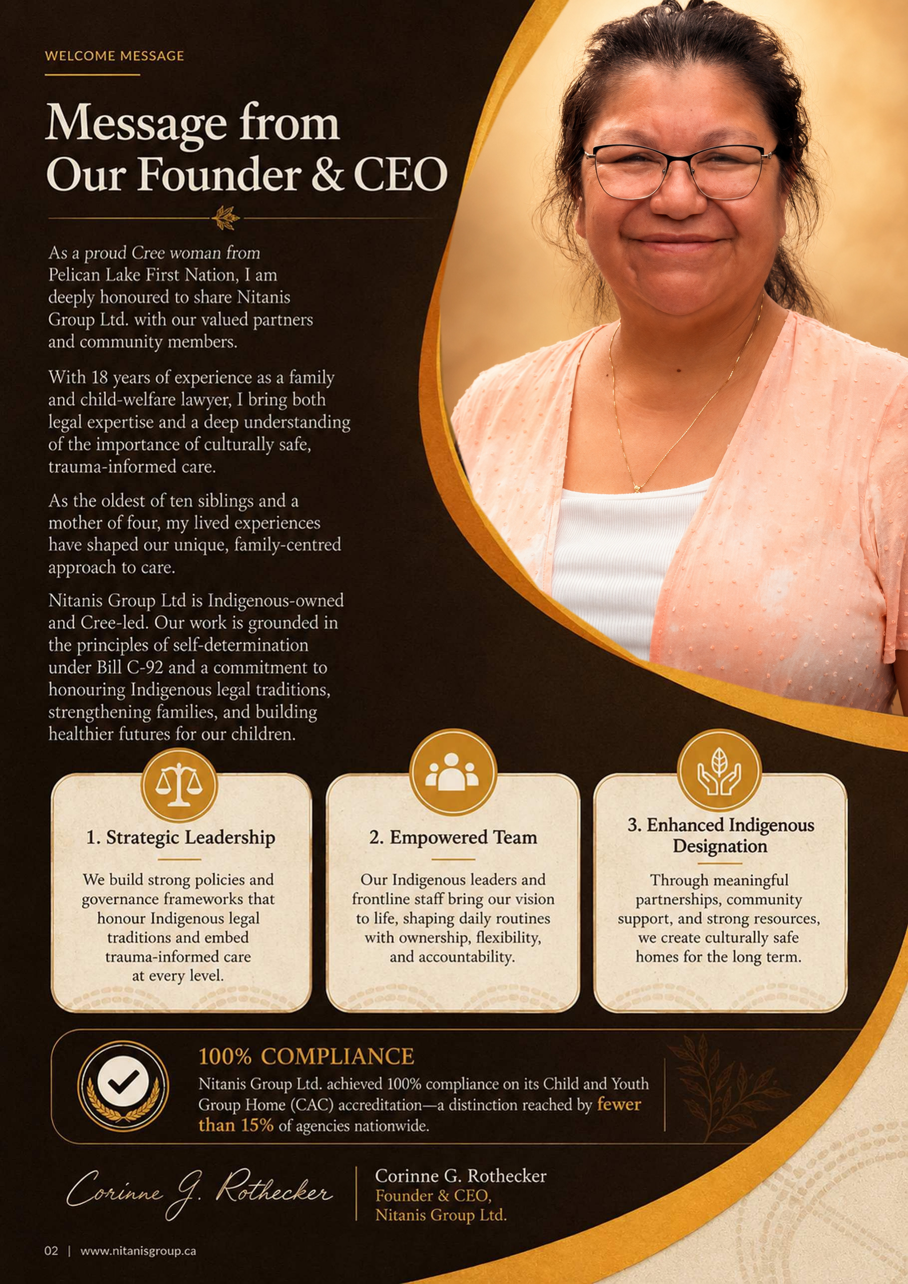 Corinne Rothecker wearing glasses and a peach jacket, from the Nitanis leadership brochure