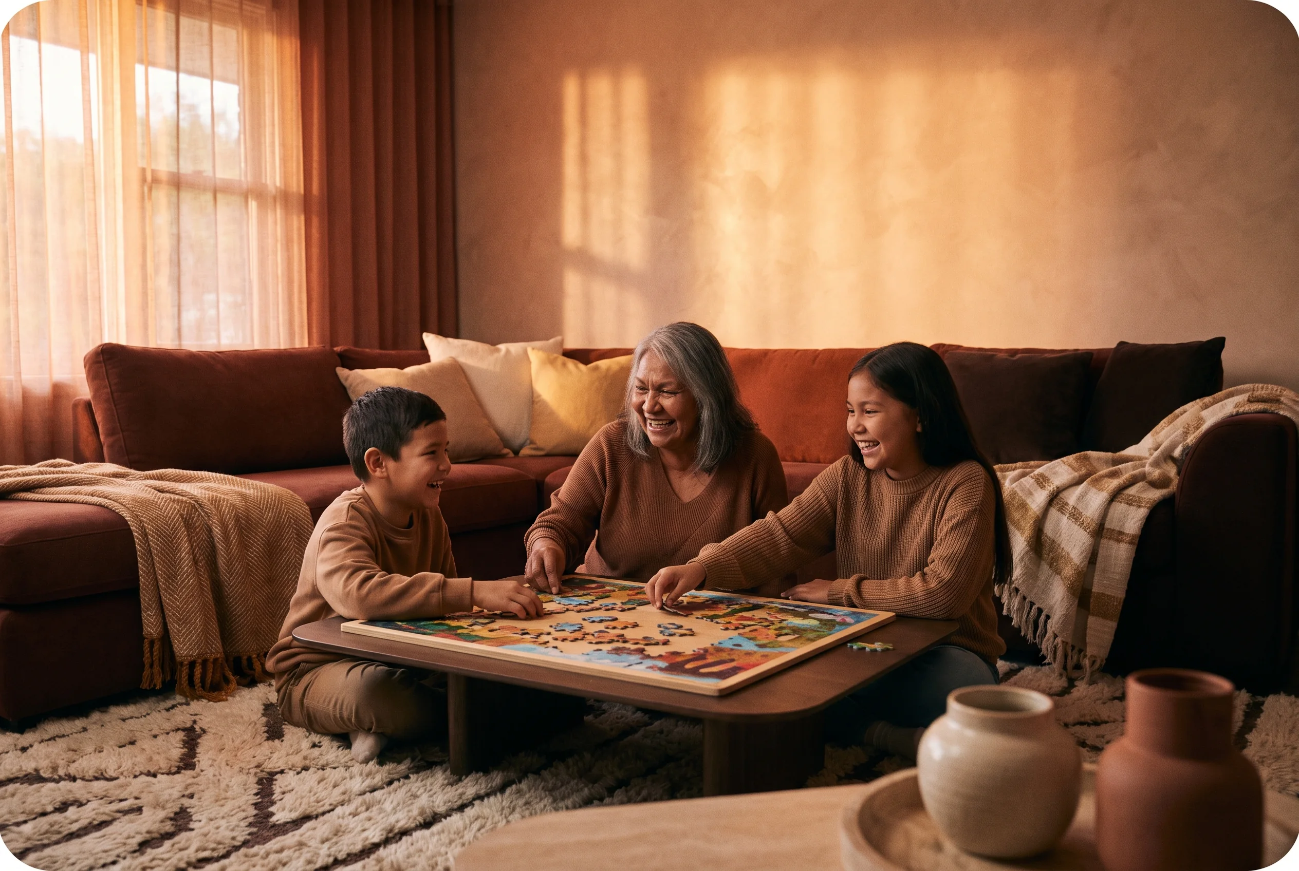 Illustrative image of children and an auntie completing a puzzle together