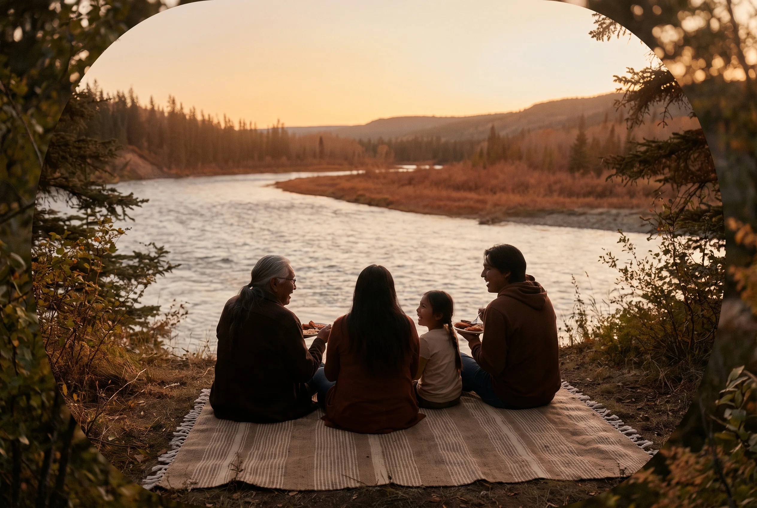 Illustrative image of a multigenerational Indigenous family spending time together beside a river