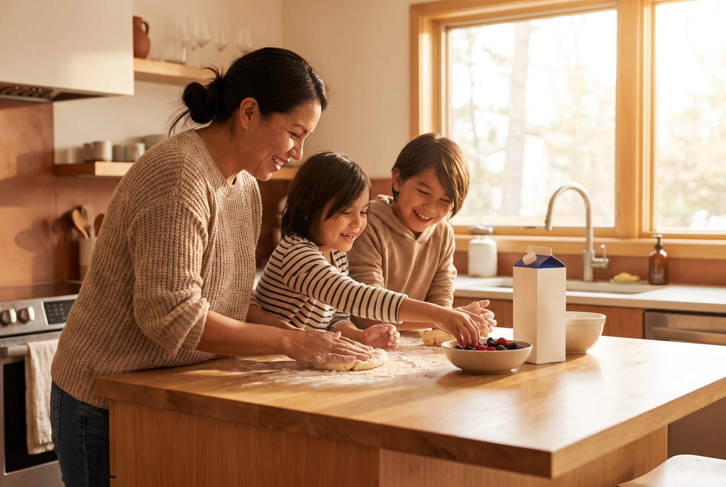 Illustrative image of a caregiver and children preparing food together