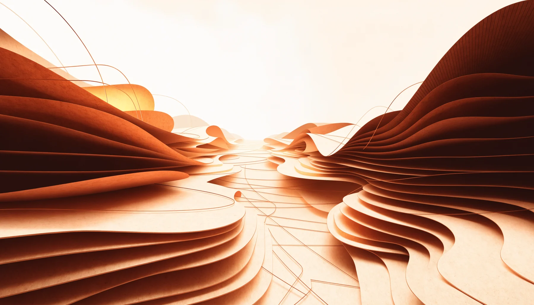 Abstract layers opening into a luminous pathway, representing systems advocacy and fair access