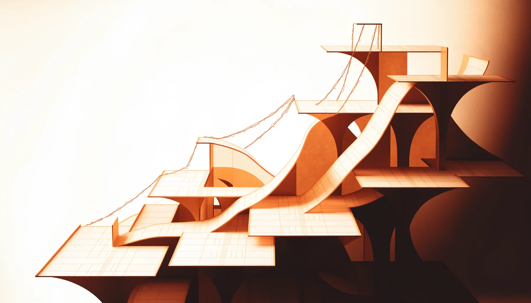 Sculptural paper pathways and bridges representing governance and organizational systems